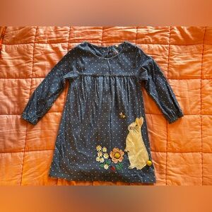 Mini Boden Blue Polka Dot Easter Dress with Bunny and Flowers Appliqué